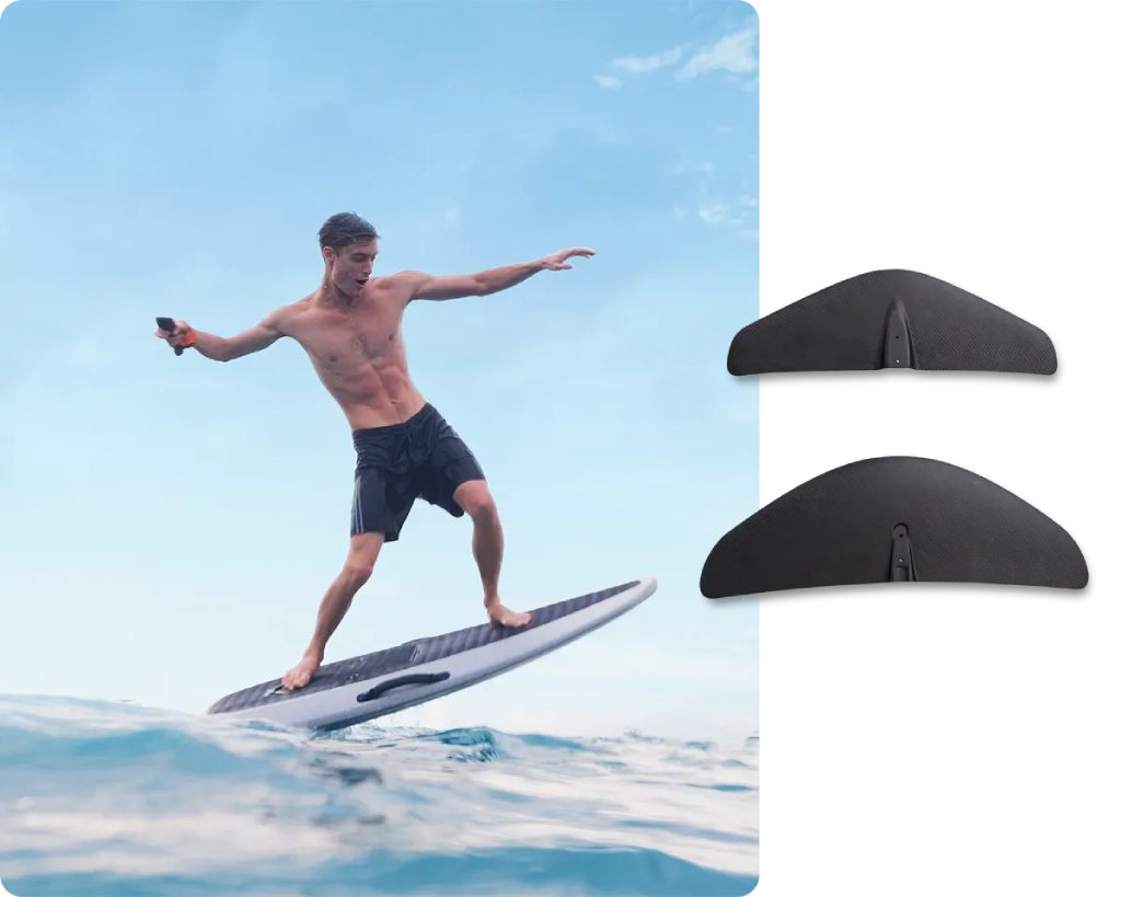 Waydoo-Flyer-One-E-Foil-E-Surfboard mit Flügeldetailbild