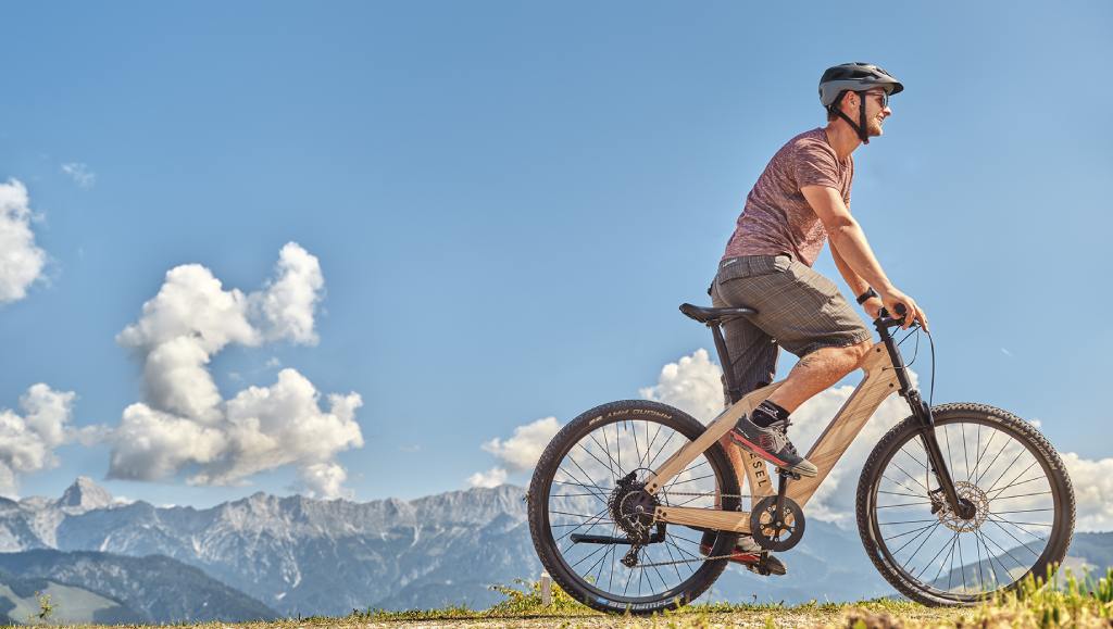 My-Esel-E-Cross-PRO-Komfort-Holz E-Bike-Pedelec mit Mann und Bergen im Hintergrund