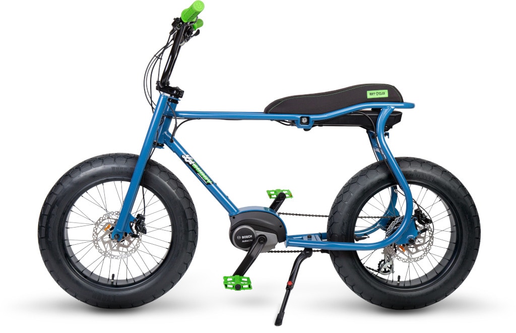 RUFF-CYCLES-Lil-Buddy-E-Bike-2021-Azureblue mit grünen Details seitlich