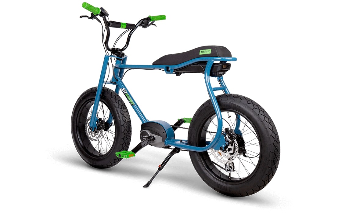RUFF-CYCLES-Lil-Buddy-E-Bike-2021-Azureblue mit grünen Details seitlich hinten
