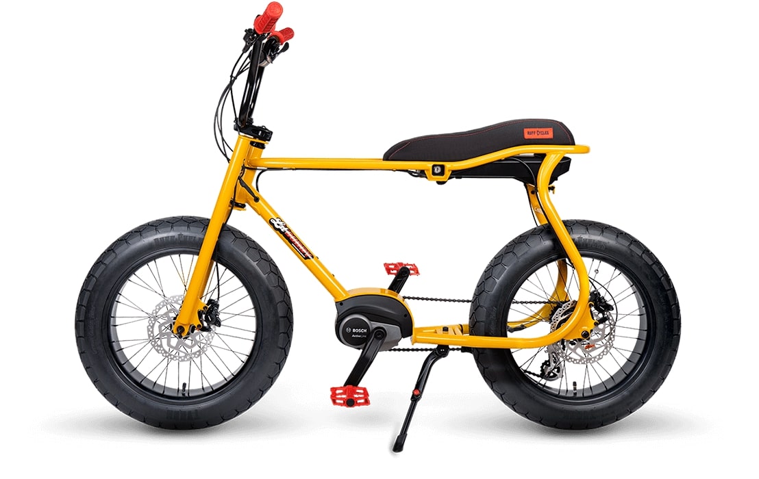 RUFF-CYCLES-Lil-Buddy-E-Bike-2021-Yellow mit roten Accessoires seitlich 4