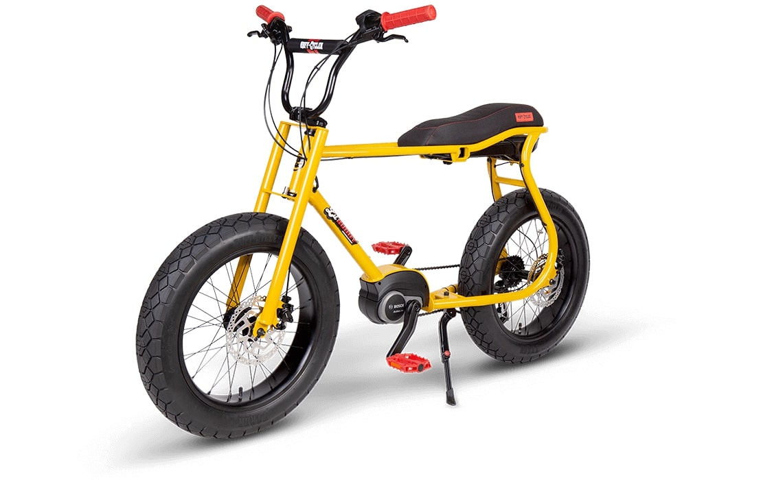 RUFF-CYCLES-Lil-Buddy-E-Bike-2021-Yellow mit roten Accessoires seitlich 2